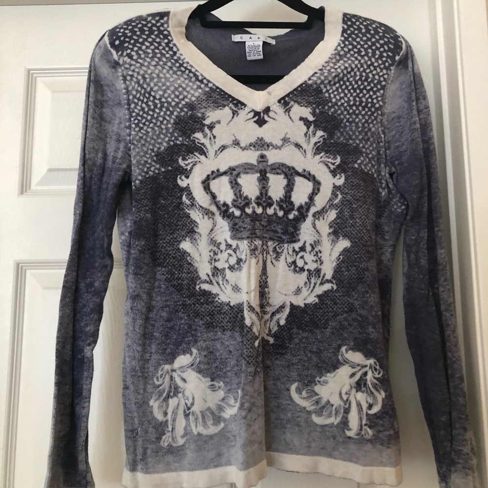 CAbi blue and white crown sweater